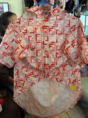 High fashion Pink & Red FF Logo Short Sleeve Button-Down Shirt for pets